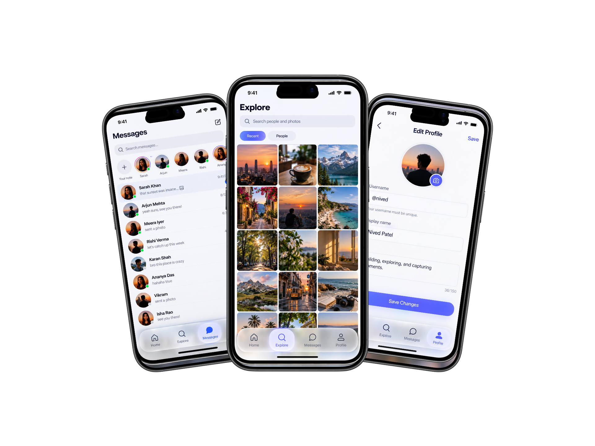 Codexgram design preview showing a photo grid, a prototype messages screen and a profile editor in three phone mockups
